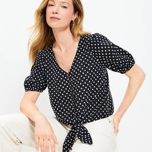 LOFT Black and White Puff Sleeve Blouse with Tie Front